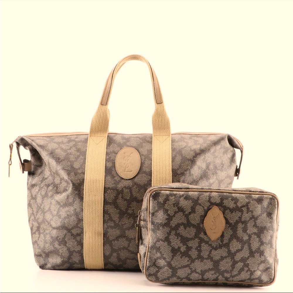YSL zip tote bag and pouch in giraffe print coated canvas /leather.